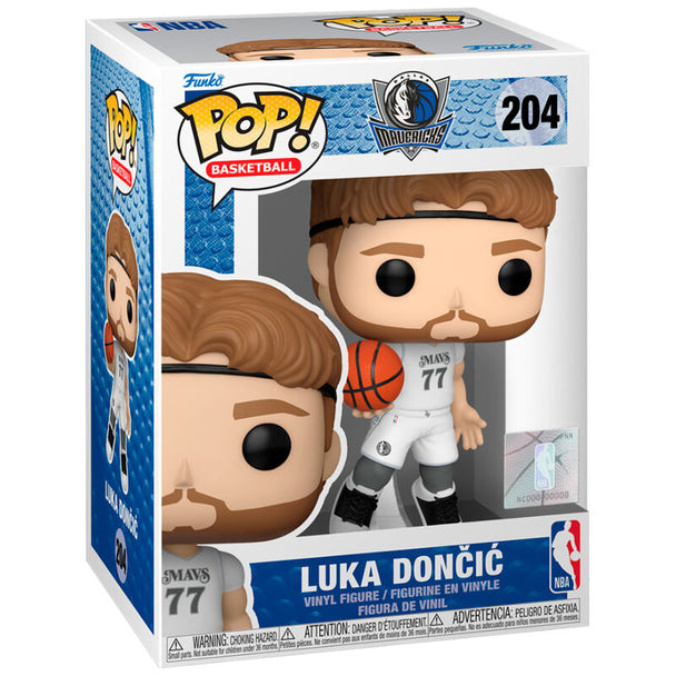 Boîte cadeau de la figurine Funko POP NBA Luka Doncic, avec logo Dallas Mavericks visible sur le packaging