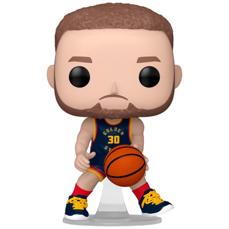 Figurine Funko POP de Stephen Curry en tenue Golden State Warriors vue de face avec détails précis