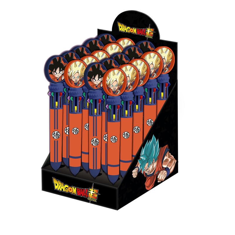 Lot de 10 stylos colorés Dragon Ball Super avec présentoir KARACTERMANIA, dimensions 18x21,5x13,7 cm, design officiel.