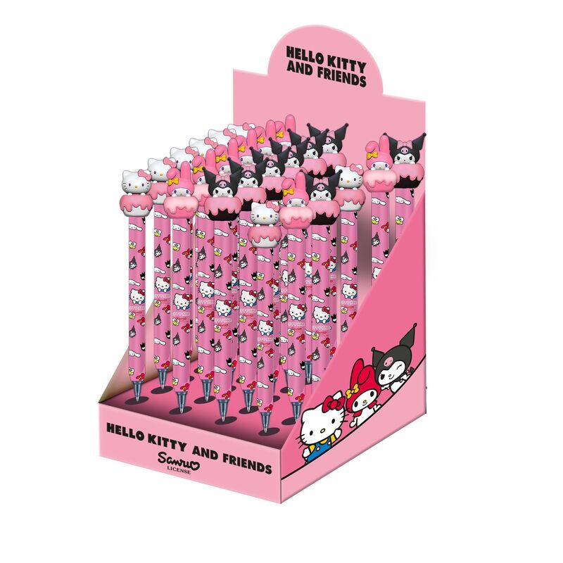 Stylo effaçable Hello Kitty assorti avec design coloré, présenté en display compact de 18x21,5x13,7 cm par KARACTERMANIA.