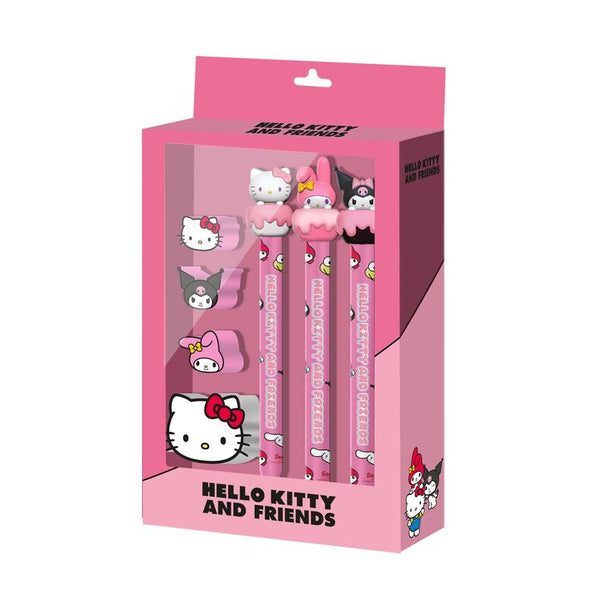 Set papeterie Hello Kitty KARACTERMANIA comprenant 3 gommes, 3 crayons éternels et un taille-crayon dans un blister coloré.