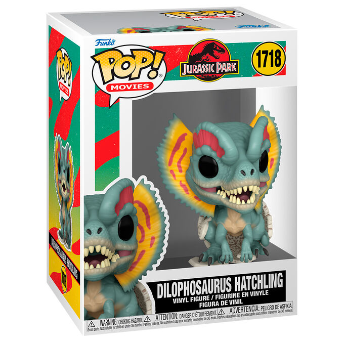 Figurine Funko POP Dilophosaurus Hatchling Jurassic Park vue de face en vinyl 9 cm dans sa boîte cadeau