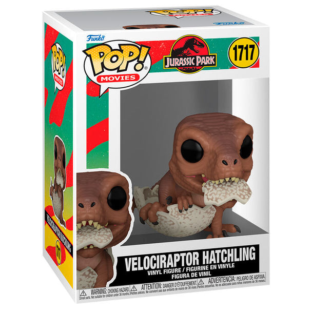 Figurine Funko POP Velociraptor Hatchling de Jurassic Park en vinyle de 9 cm, présentée dans sa boîte cadeau officielle.