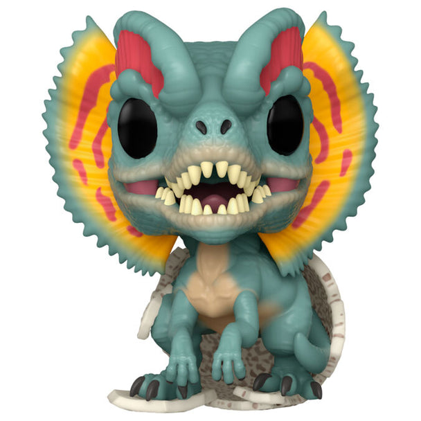 Détail de la figurine Funko POP Dilophosaurus Hatchling Jurassic Park montrant les couleurs et textures réalistes
