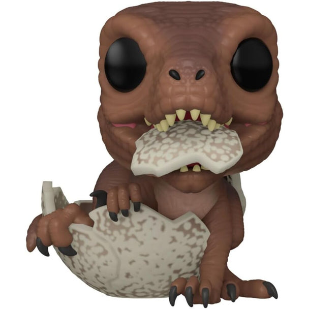 Vue rapprochée de la figurine Funko POP Velociraptor Hatchling Jurassic Park, montrant les détails précis et la peinture soignée.