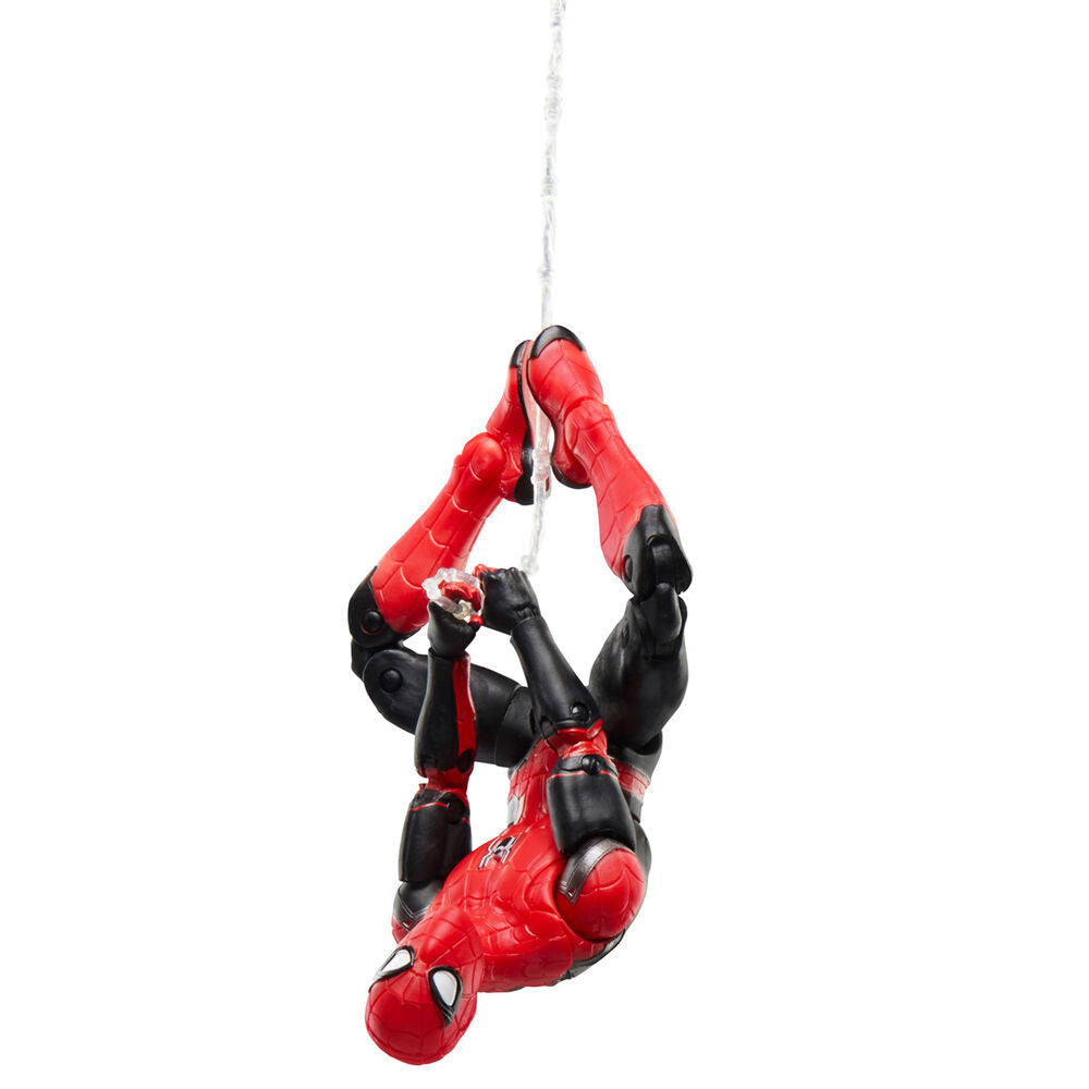 Pose dynamique de la figurine Spider-Man Marvel Legends avec toile d'araignée en action