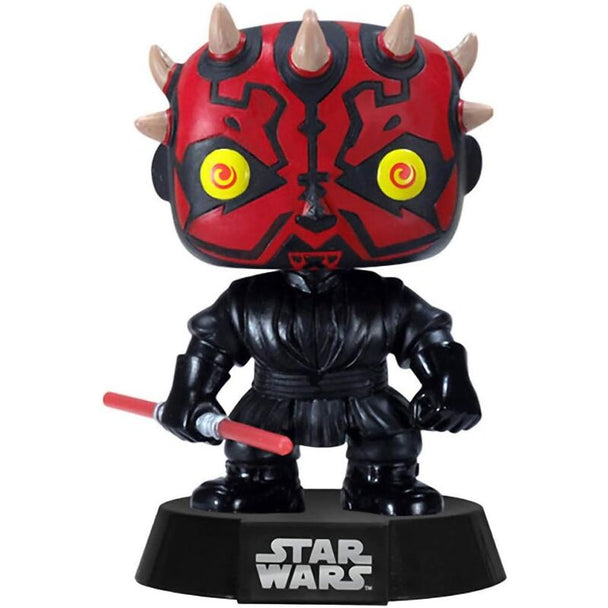 Figurine Funko Pop Star Wars Darth Maul de profil montrant ses cornes et sabre laser