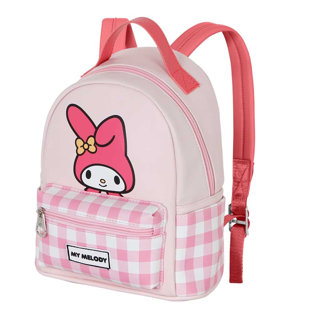 Sac à dos enfant Hello Kitty My Melody posé sur une surface blanche, dimensions 22x25x11cm visibles