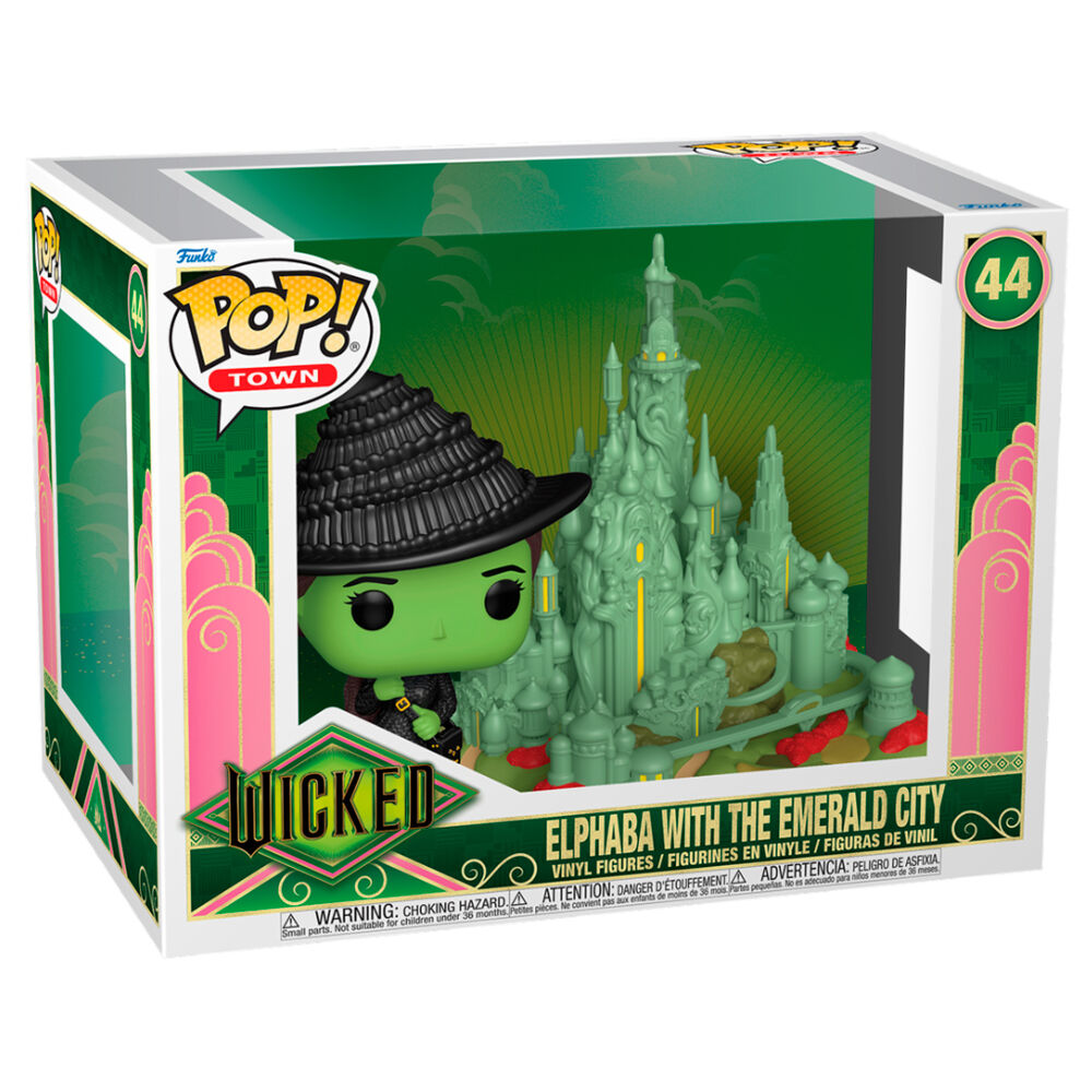 Détail de la figurine POP FUNKO Elphaba avec Emerald City, montrant les couleurs vives et les finitions précises