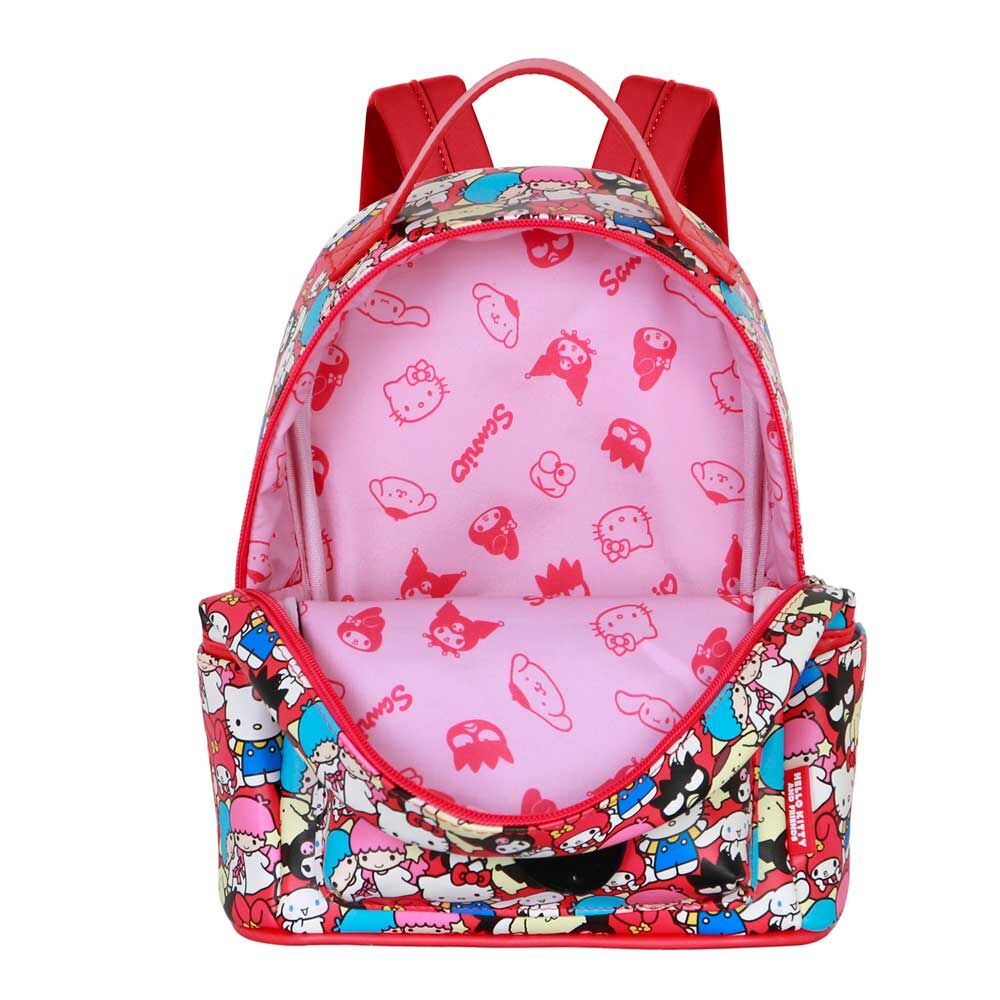 Vue latérale du sac à dos Hello Kitty Friends montrant la fermeture zippée robuste et les détails design
