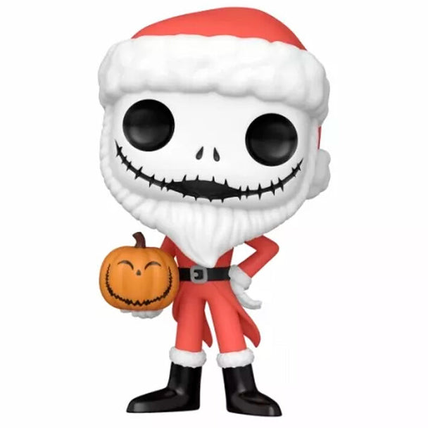 Figurine Funko POP Jack Skellington en costume de Père Noël de Nightmare Before Christmas, vue de face dans sa boîte cadeau.