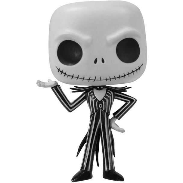 Détail de la tête de la figurine Jack Skellington POP montrant son sourire caractéristique et ses grands yeux noirs