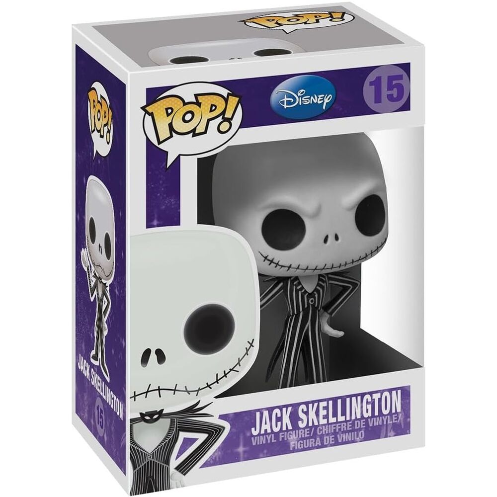 Figurine Jack Skellington POP FUNKO posée sur une étagère entourée d'autres objets de collection