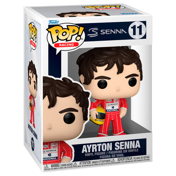 Figurine Funko POP Ayrton Senna en tenue McLaren F1, vue de face sur fond blanc, hauteur 9 cm