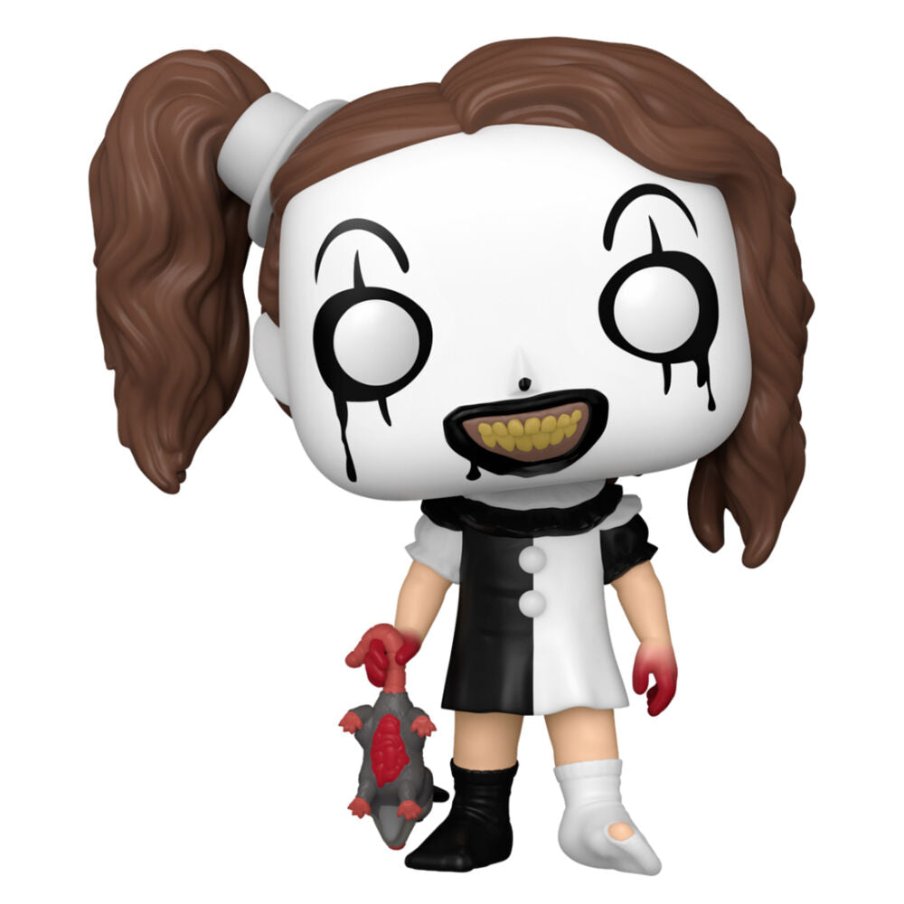 Vue rapprochée de la figurine Funko POP Damien Leones Terrifier Little Pale Girl montrant les détails du visage et du costume