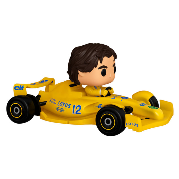 Vue latérale de la figurine FUNKO POP Rides Lotus Ayrton Senna Super Deluxe montrant les couleurs et finitions soignées