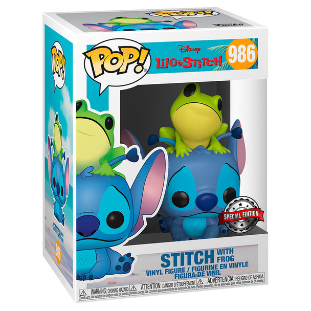 Figurine POP Funko exclusive de Stitch tenant une grenouille, inspirée de Disney Lilo & Stitch, vue de face avec détails colorés