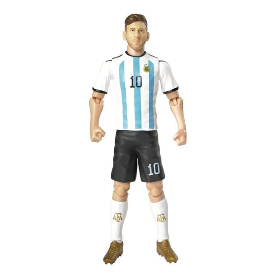 Profil gauche de la figurine articulée Lionel Messi avec maillot bleu et blanc