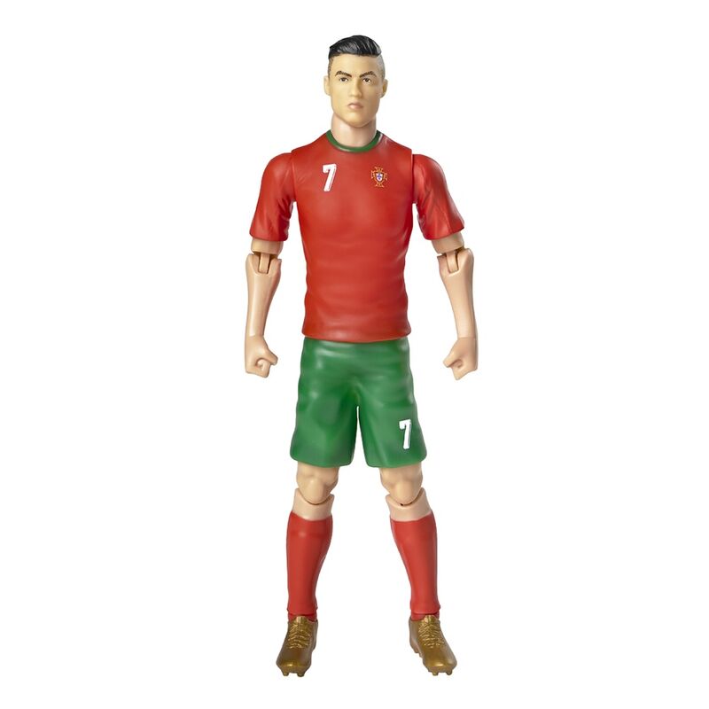 Figurine articulée de Cristiano Ronaldo en maillot Portugal vue de face sur fond blanc