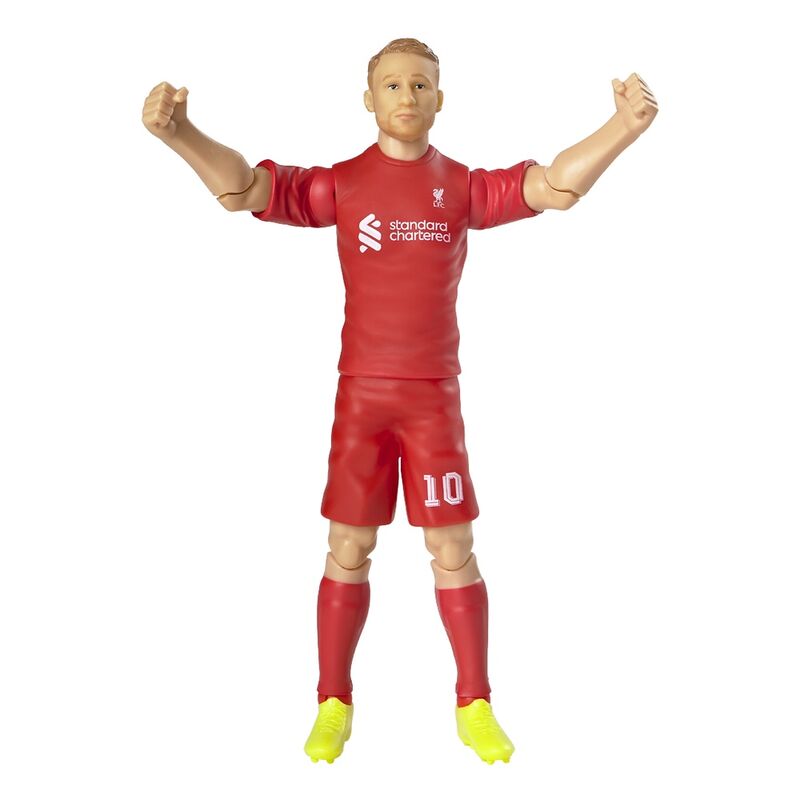 Photo rapprochée des chaussures et bas de la figurine Mac Allister Liverpool FC en rouge