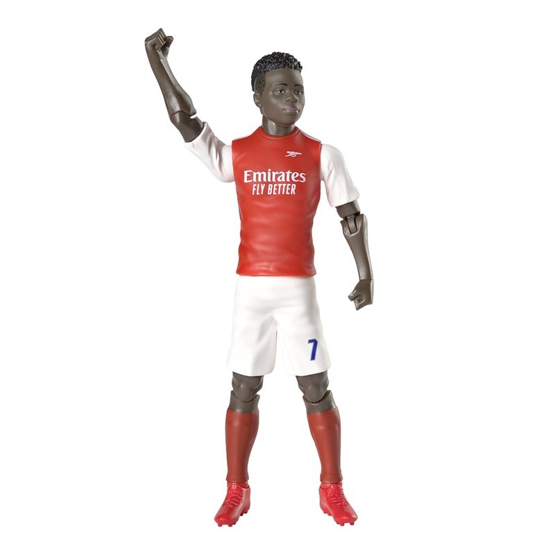 Figurine Saka Arsenal posée sur un socle avec logo BANBO TOYS