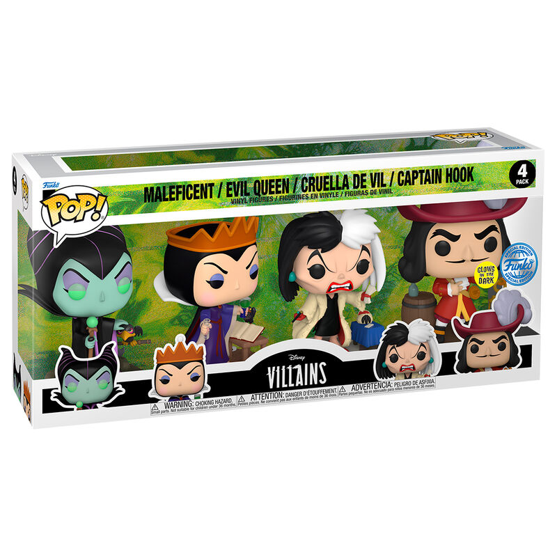 Pack de 4 figurines FUNKO POP Disney Villains avec Maléfique, Reine de cœur, Cruella de Vil et Capitaine Crochet en présentation frontale
