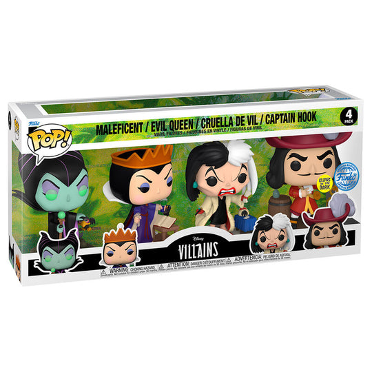 Pack de 4 figurines FUNKO POP Disney Villains avec Maléfique, Reine de cœur, Cruella de Vil et Capitaine Crochet en présentation frontale