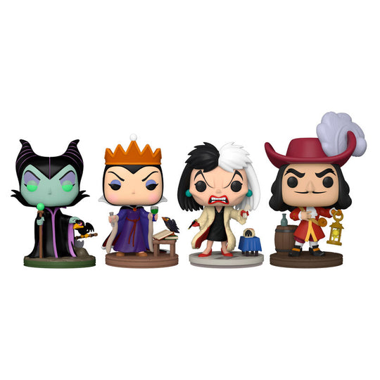 Vue rapprochée des détails des figurines FUNKO POP Disney Villains montrant les expressions et costumes soignés des personnages
