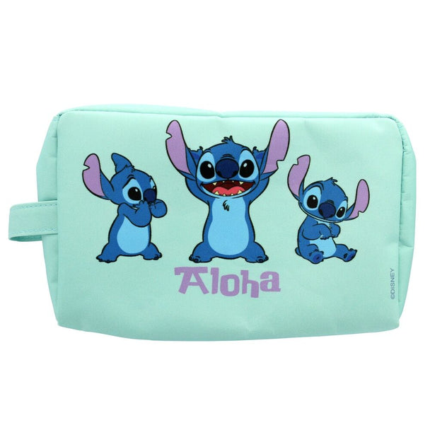 Trousse de toilette Disney Stitch vue de face avec fermeture éclair et motif coloré sur fond clair