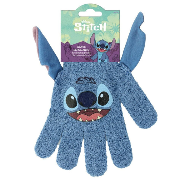 Gants exfoliants Disney Stitch bleus en lot de deux, posés sur fond blanc, parfaits pour enfants