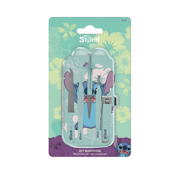 Set de manucure Disney Stitch avec étui bleu et accessoires visibles sur fond blanc
