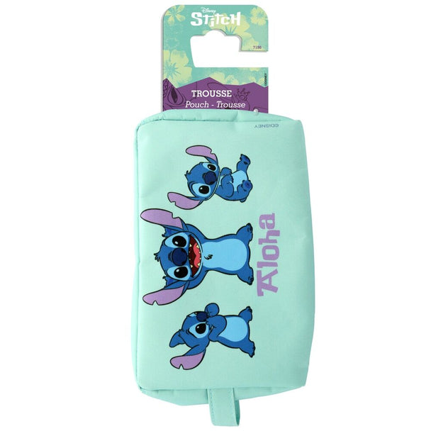 Trousse Disney Stitch ouverte montrant l'intérieur spacieux et les compartiments pratiques pour cosmétiques