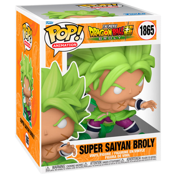 Figurine Funko POP de Super Saiyan Broly en vinyle, 15 cm, avec détails précis et couleurs vives, présentée en boîte cadeau.