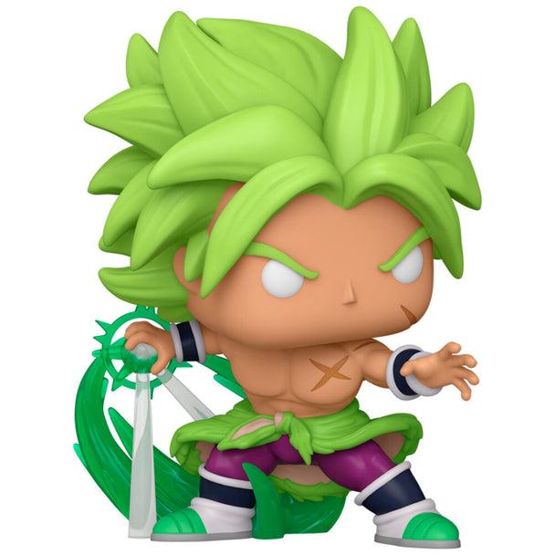 Vue rapprochée de la figurine Funko POP Super Saiyan Broly montrant les traits distinctifs et la pose dynamique du personnage.