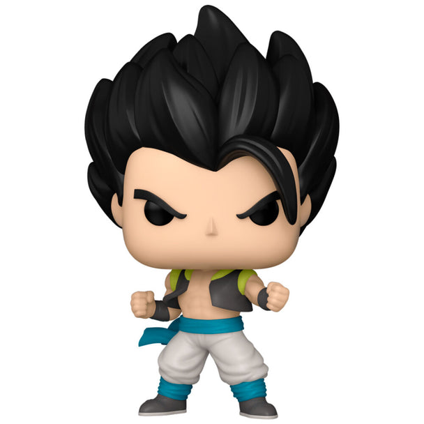 Détail de la figurine Funko POP Broly Gogeta avec sa tenue caractéristique et expression dynamique, sur fond blanc.