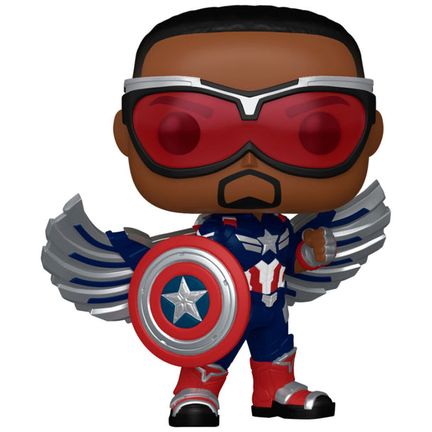 Vue rapprochée de la figurine Funko POP Captain America avec détails précis du costume et du bouclier