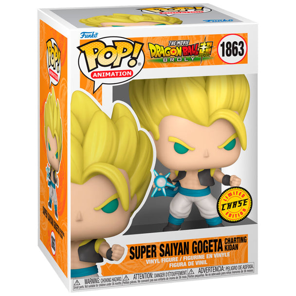 Vue rapprochée de la figurine Funko POP Broly Gogeta Chase montrant les détails colorés et le design unique.
