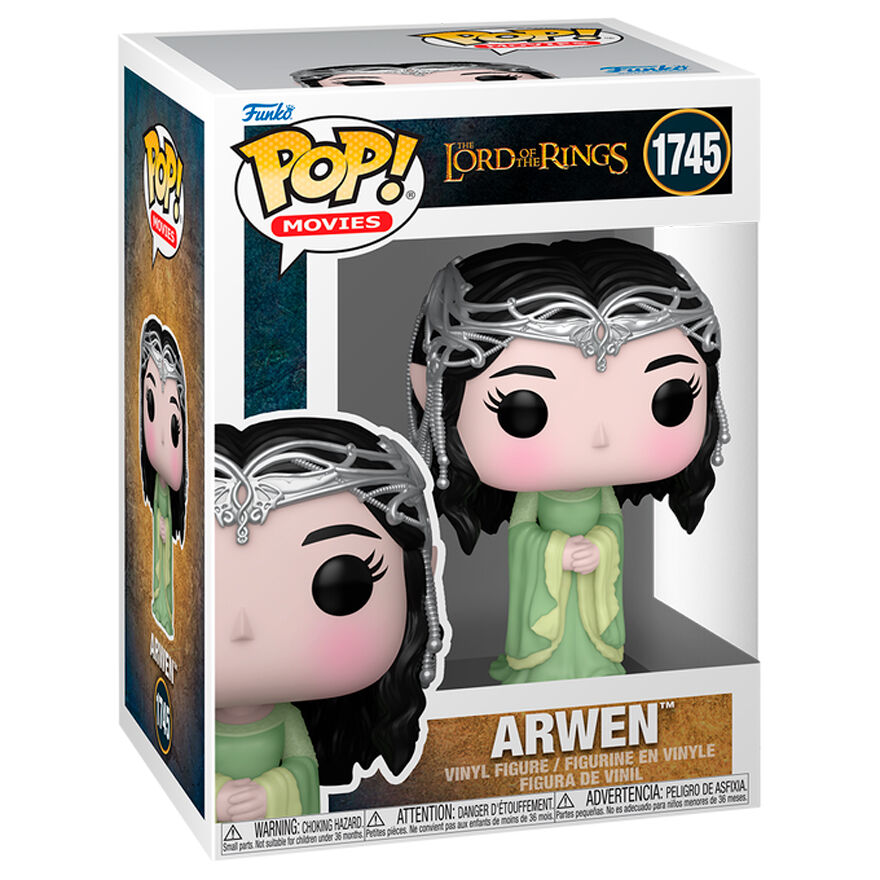 Figurine Funko POP Arwen du Seigneur des Anneaux en vinyle de 9 cm, vue de face avec détails précis et boîte cadeau visible