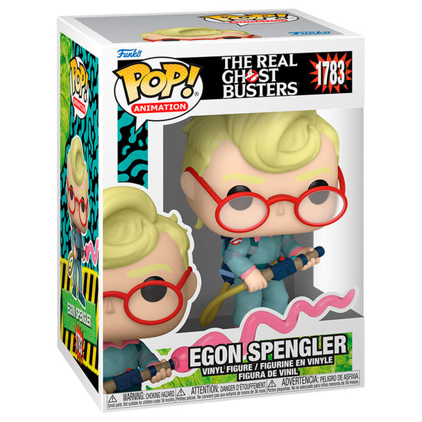 Figurine Funko POP Egon Spengler de 9 cm en vinyle, issue de la série The Real Ghostbusters, présentée dans sa boîte cadeau.