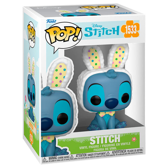 Figurine Funko POP Stitch habillé en Lapin de Pâques vue de face dans sa boîte cadeau