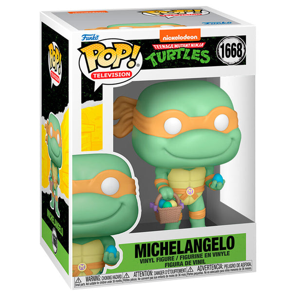 Figurine Funko POP Michelangelo des Ninja Turtles en vinyle de 9 cm avec design Easter Egg, vue de face en boîte cadeau