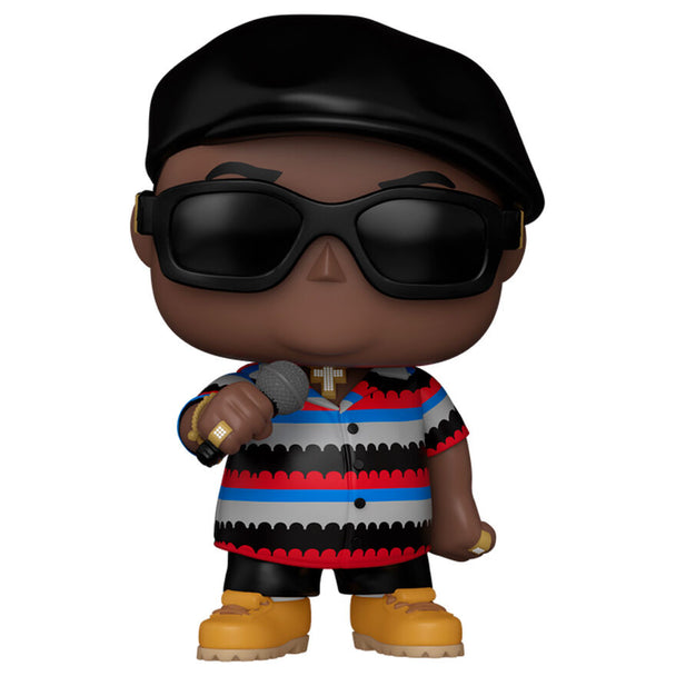 Vue rapprochée de la figurine Funko POP Notorious B.I.G. Summer 95 avec détails du visage et vêtements