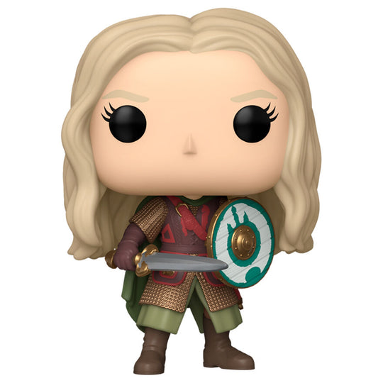 Vue rapprochée de la figurine Funko POP Éowyn avec ses couleurs vives et son emballage d'origine.