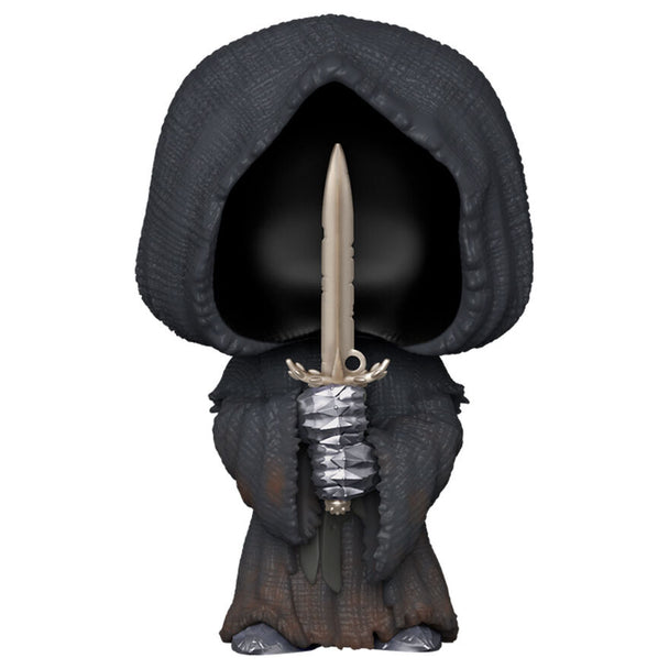Vue rapprochée de la figurine Funko POP Nazgul avec détails du visage et de la cape noire, présentée dans son emballage d'origine.