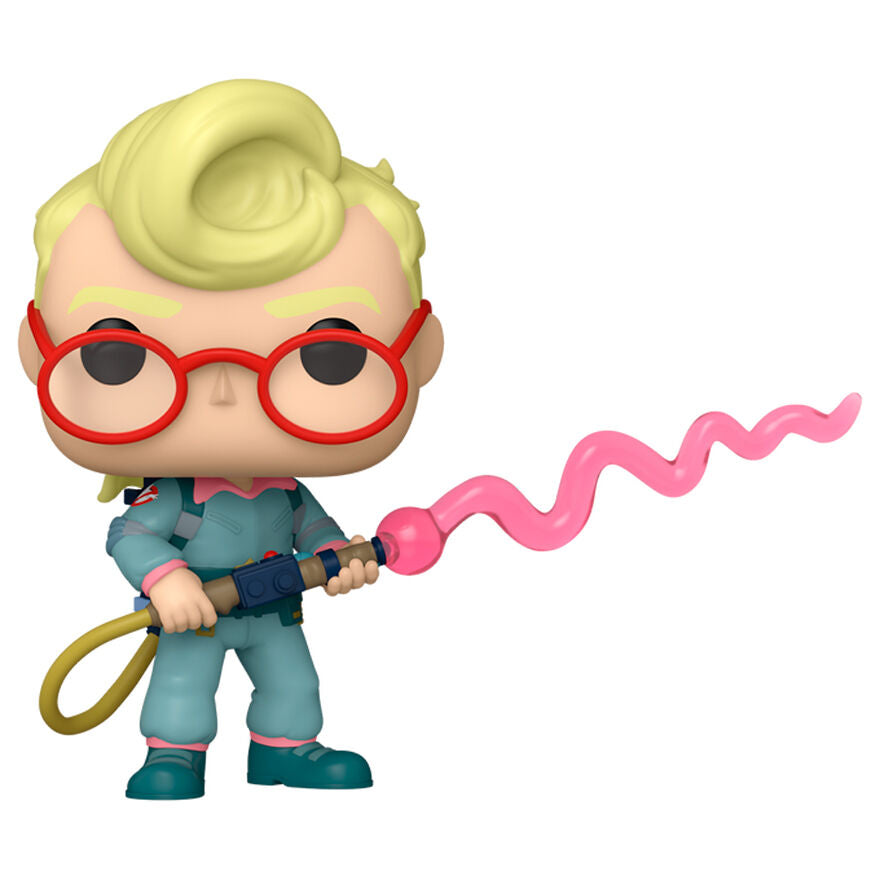 Vue détaillée de la figurine Funko POP Egon Spengler avec ses traits caractéristiques et son emballage collector.