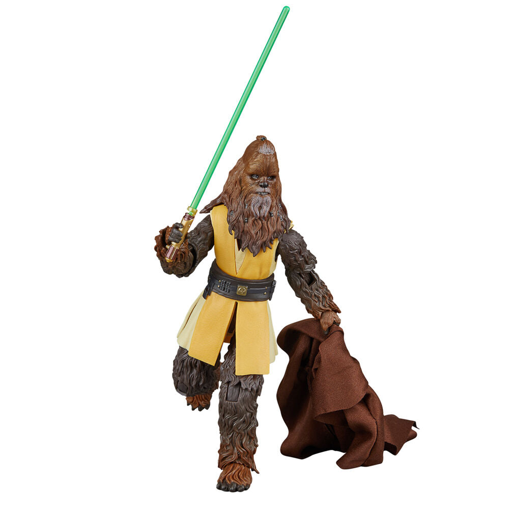Vue latérale de la figurine Jedi Master Kelnacca avec son sabre laser en main
