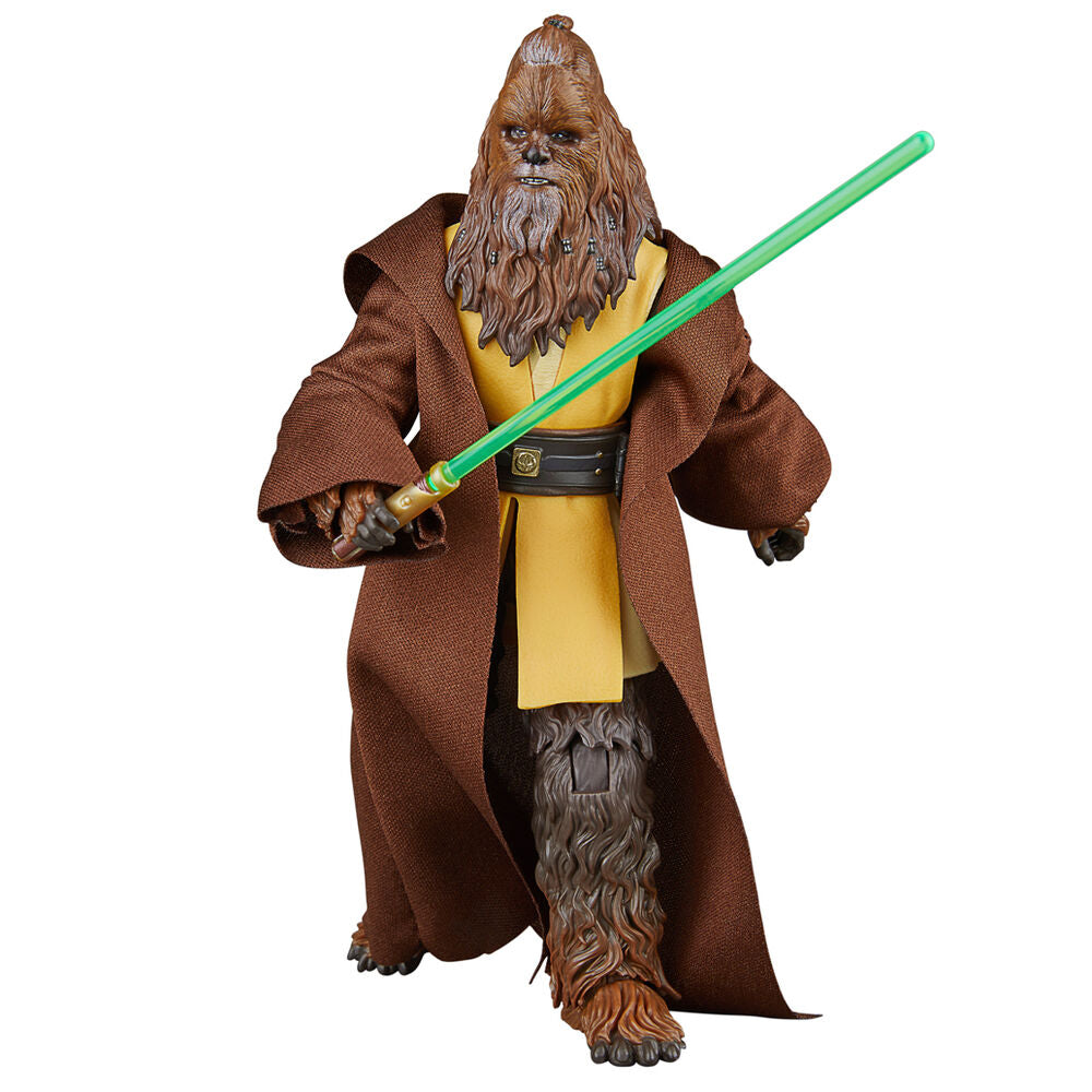 Photo rapprochée des mains tenant le sabre laser de la figurine Jedi Master Kelnacca