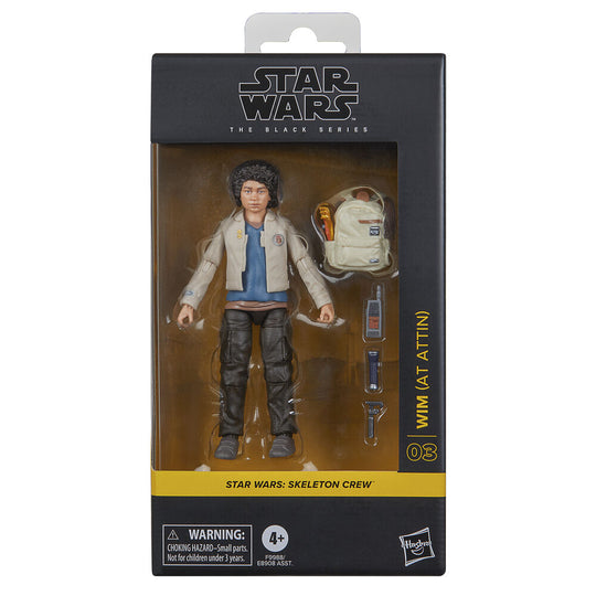 Figurine articulée Wim At Attin de la série Star Wars Skeleton Crew vue de face avec accessoires