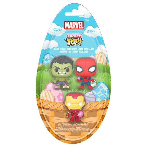 Vue rapprochée des figurines Funko Pocket POP Marvel Spiderman, Hulk et Iron Man dans leur emballage