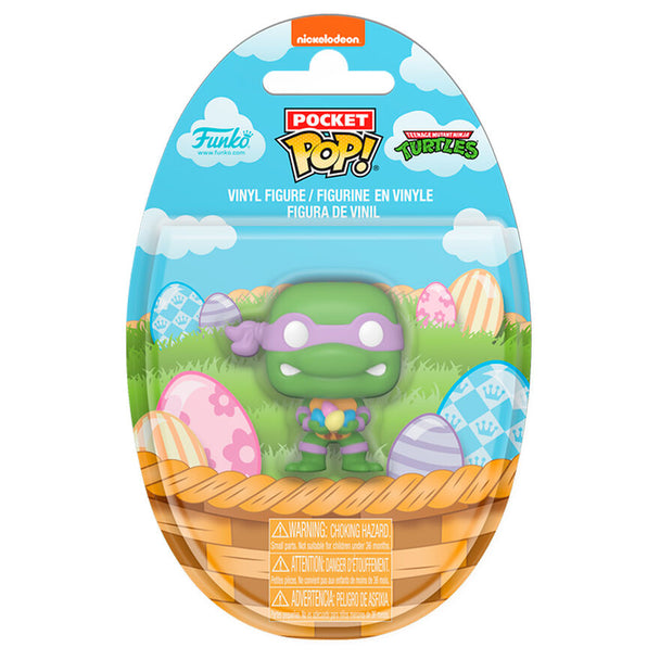Vue rapprochée de la figurine Funko Donatello Ninja Turtles Pocket POP, montrant les détails colorés et le design œuf de Pâques